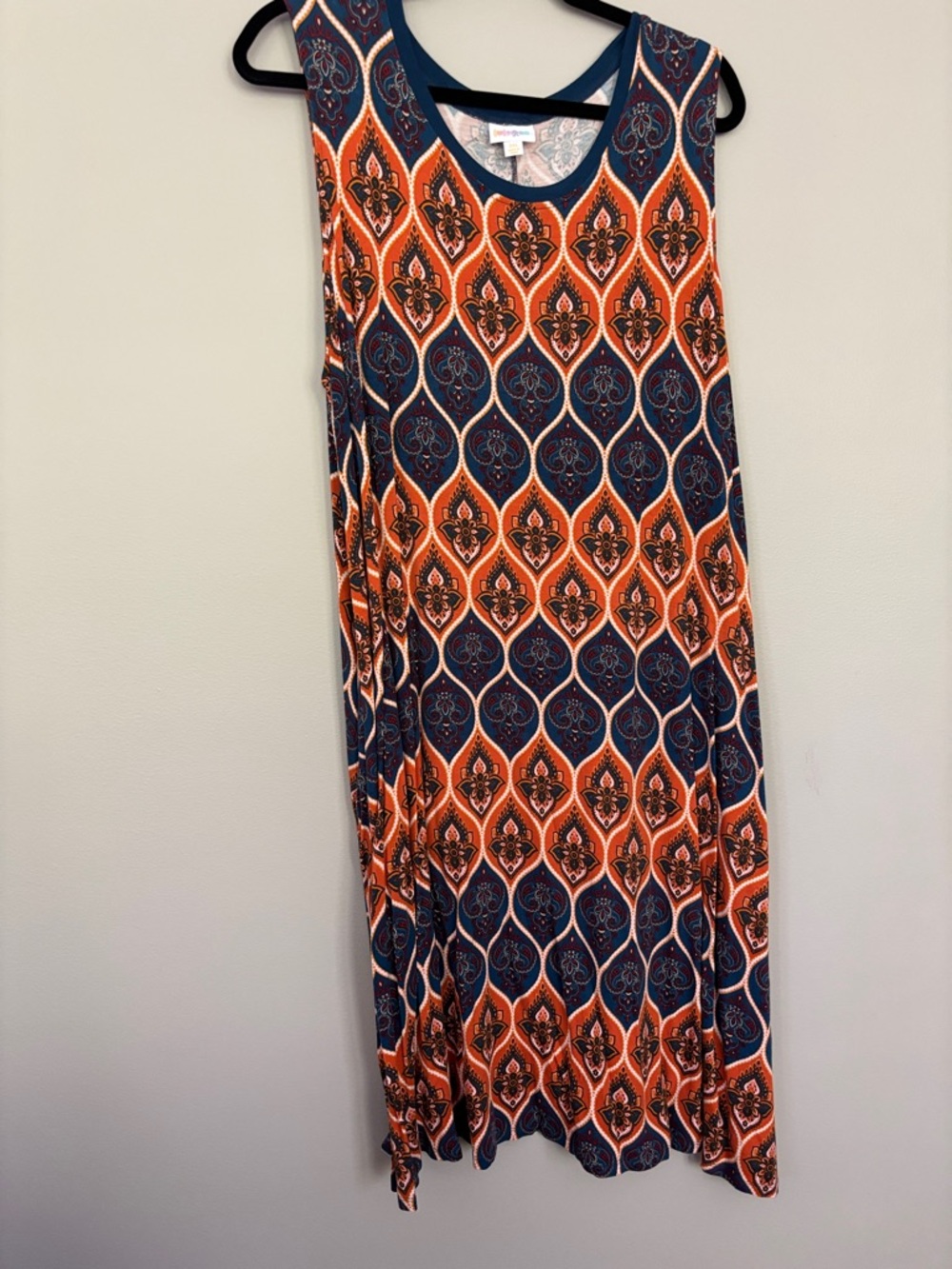 LuLaRoe Orange & Navy Patterned Midi Dress with pockets